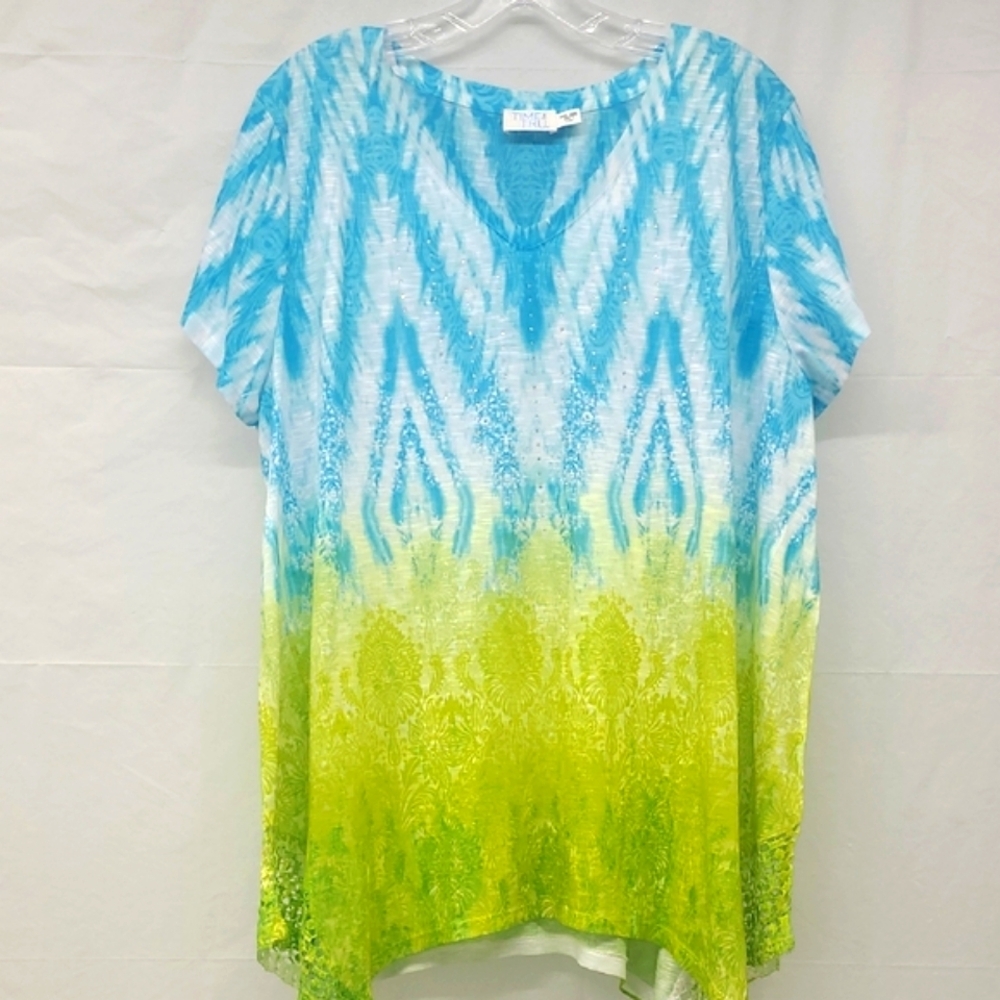 Tunic Long T-shirt Short Sleeve Top Lime Green Sky Blue White V Neck Colorful